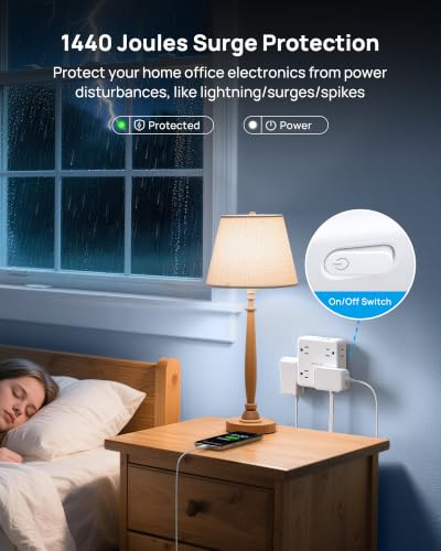 Image of TROND 360 Rotating Flat Plug Power Strip 3ft, 8 AC & 4 USB (2U2C), White | Flat Extension Cord 1625W, 1440J Surge Protector with USB Ports, Wall Mountable, for Home Office Dorm Room Essentials