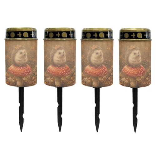 Image of Poceacles Solar Pathway Lights Outdoor Grave Solar Lights Outside Waterproof Cemetery Flameless Candles Outdoor Grave Candle Markers Eternal Decor, Hedgehog Mushroom Forest Print, Set of 4