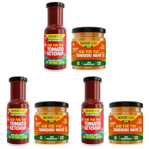 Image of REPEAT GUD Healthy Sauces (Tomato Ketchup, Tandoori Mayonnaise) | No Refined Sugar, Made With Jaggery | No preservatives | GUD For Kids | 100% Natural Ingredients & Chemical free (Pack of 6)