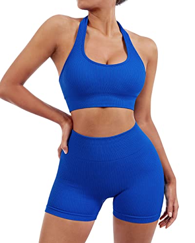 SUUKSESS Women Seamless Ribbed Workout Set Backless Sports Bra Booty Biker Short