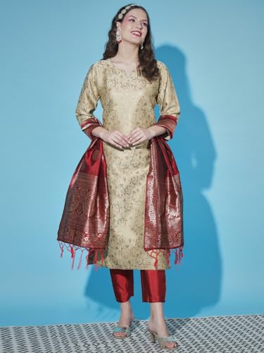 Image of VredeVogel Women's Cotton Silk Jacquard Kurta Pant Set with Banarasi Woven Self Designed Dupatta