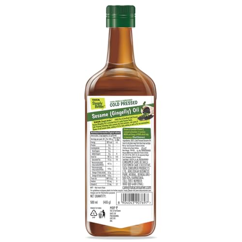 Image of Tata Simply Better Pure & Unrefined Cold Pressed Sesame(Gingelly)Oil,Naturally Cholesterol Free,500ml,Sesame Oil with Rich Aroma & Flavour of Real SesameSeeds,For Daily Cooking with Multipurpose Usage