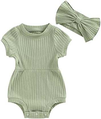 Baby Girl Summer Clothes Ribbed Short Sleeve Romper Solid Color Bodysuits Bow Headband Outfit Newborn Girl Jumpsuit