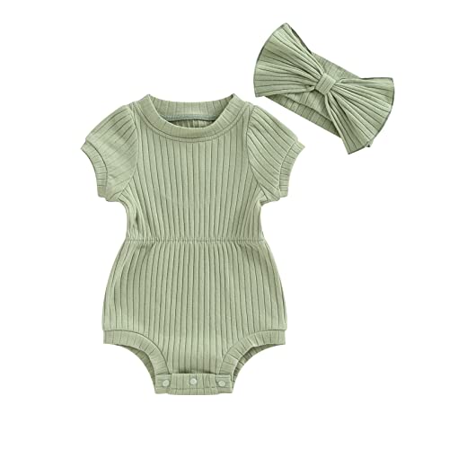 Image of FOCUSNORM Baby Girl Summer Clothes Ribbed Short Sleeve Romper Solid Color Bodysuits Bow Headband Outfit Newborn Girl Jumpsuit