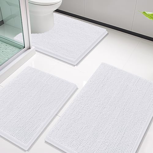 Image of Smiry Bathroom Rugs Sets 3 Piece, Soft Absorbent Chenille Bath Mat and U-Shaped Contour Toilet Rug, Machine Wash Dry Bath Mat Sets for Bathroom Tub and Floor (30 inchx20 inch+24 inchx16 inch+24 inchx20 inch, White)