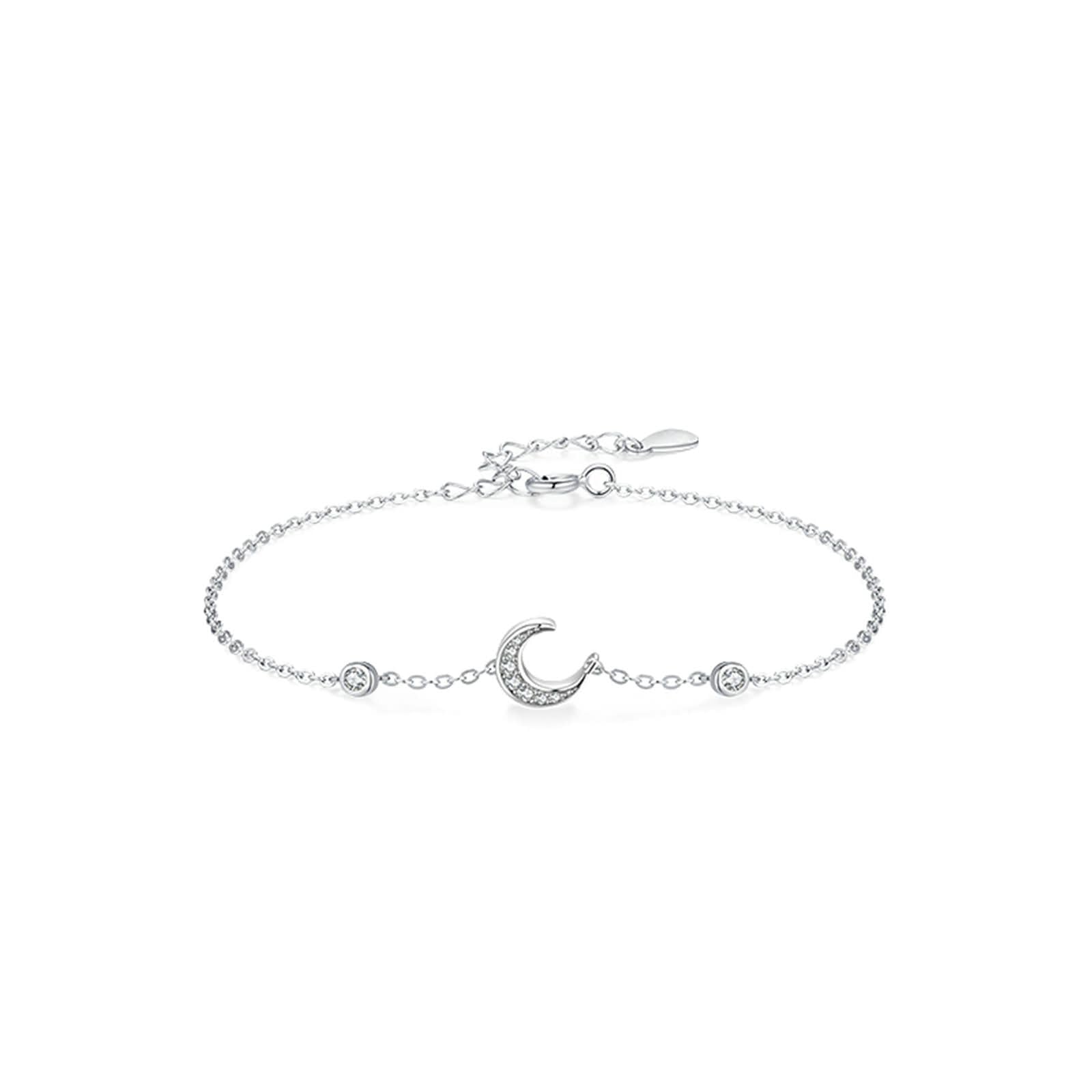 Braccialetto Donna Oro Bianco 9K / 14K / 18K 750, Luna con Diamante, Regolabile 16 CM + 5 CM, Braccialetti Donna Argento