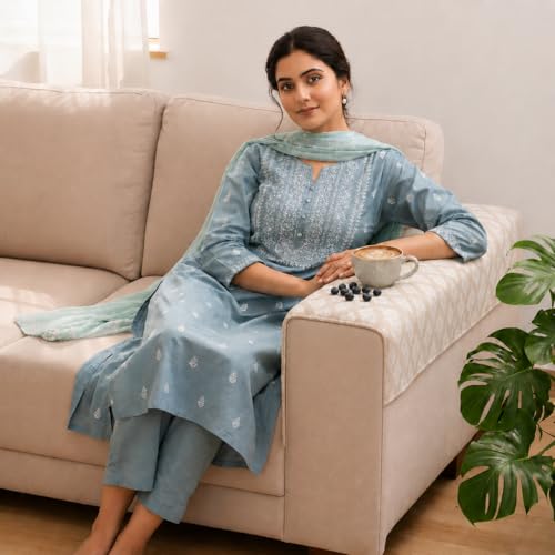 Image of STITCHNEST 'Verdant Rekhika Stories' Sofa Armrest Cover | Elegant Jacquard Fabric, Washable & Durable for Modern Living (18 x 22 Inches)