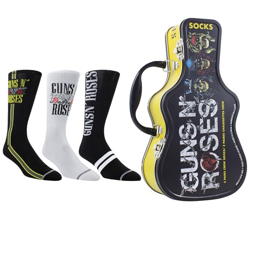 PERRIS SOCKS Guns N Roses Guitar Tin Sock Box - Licensed Guns and Roses Merchandise for Women and Men 3 Pairs of Printed Crew Socks Size 7-12 Breathable Fabric Unisex
