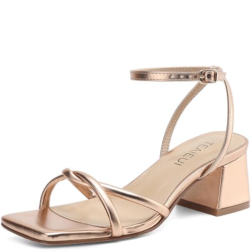Image of TEAIEUI Chunky Heels for Women, Square Open Toe Heeled Sandals, Strappy Ankle Strap Shoes for Dress, Party, Prom, Block Low Heel 2 inch