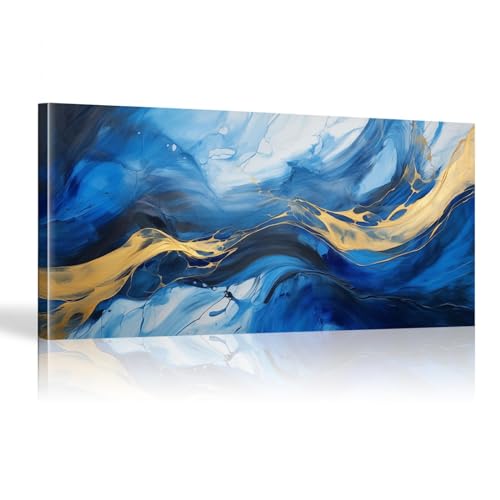 Toile abstraite bleu et or 65x130cm pour habiller un grand mur vide de salon