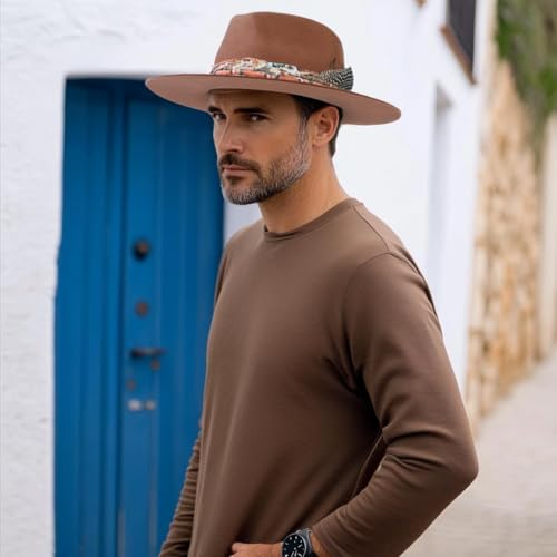 Image of RUEDIGER Vintage Wide Brim Fedora Hats 100% Wool Stiff Felt Hat Rancher Hat with Lightning Logo Handmade Distressed /Burned