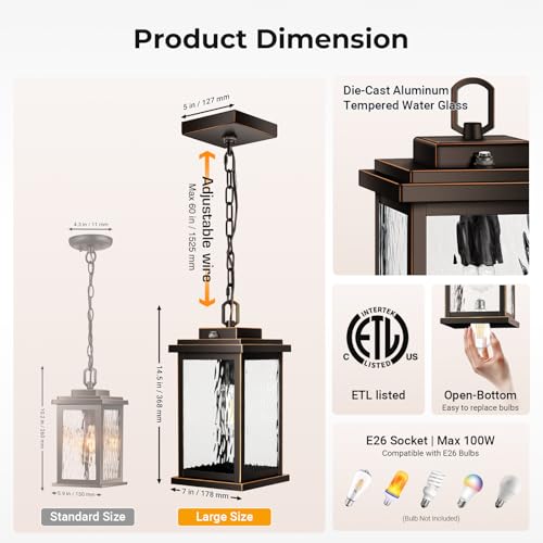 Image of Gleamz Large Outdoor Pendant Lights for Porch, Anti-Rust Hanging Light | Oil Rubbed Bronze (Gold Trim), Dusk to Dawn Exterior Hanging Lighting Fixtures for House, Easy Installation, 1-Pack, No-Solar