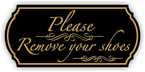 Please Remove Your Shoes Sign Elegant Style (3" x 6", Black with Gold)