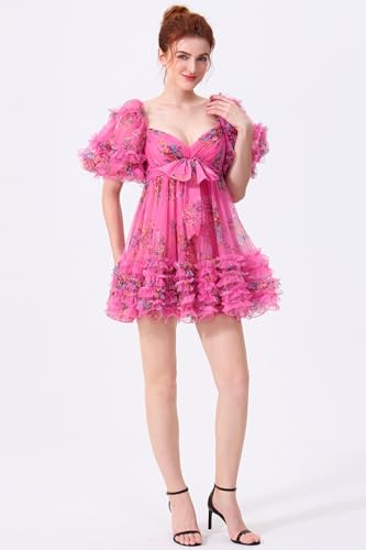 Short Puff Sleeves Homecoming Gowns for Teens 2024 Floral Print Multi-Layer Tulle A-Line Gathering Dress JP0042