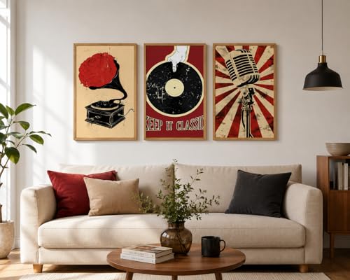 Image of DAKSHESTRY ARTWORKS Retro Music Wall Art Set of 3 with Frames | Minimalist Posters | Modern Aesthetic Music Decor for Bedroom, Living Room, Studio | Wooden Frame Ready to Hang