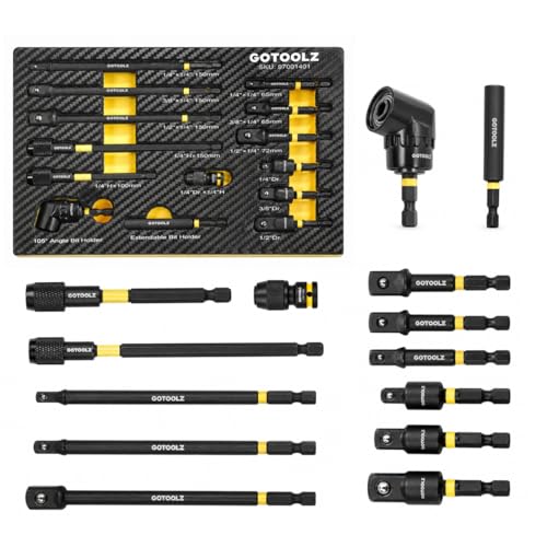 14PC Impact Socket Adapter Set, 1/4',3/8',1/2' Square Drive Socket Adapter,Quick-Release & Magnetic Drill Bit Extension,Swivel & Right Angle Drill Accessories (Yellow-2026)