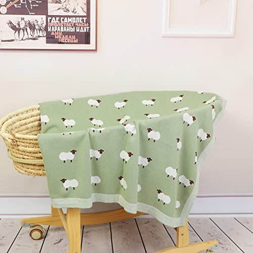 Image of mimixiong Baby Blanket Knit Receiving Boys Girls Blanket Soft Cotton Neutral Blanke for Swaddle Crib Stroller with Cute Sheep (LightGreen, 30x40 Inch (Pack of 1))