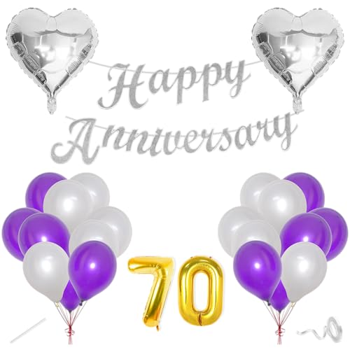 Image of Flyloons 70th Happy Anniversary Decoration Items Purple for Men Women Husband Wife Mom Dad Parent Couple Home Bedroom Car With 20 Pcs Metallic Balloons Anniversary Banner 2 Pcs Heart Set Kit