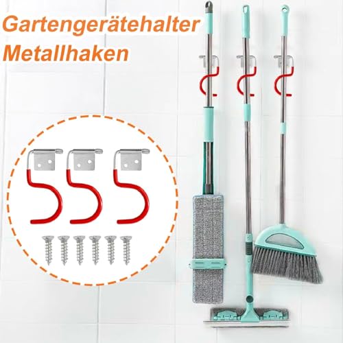 Gartengerätehalter Metallhaken, 15 Stück Gerätehalter Rot Haken, Besenhalter Werkzeughalter, Gummierung Gartengeräte, mit 30 Stück schrauben, für Garagen, Geräteschuppen, Keller, Abstellräume, Gärten