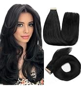 Tape in Hair Extensions Human Hair Jet Black, 14 Inch 20pcs Tape in Hair Extensions Tape Ins for ...