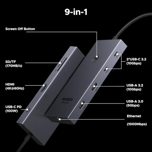 UGREEN Revodok Pro 9 in 1 USB C Hub Gigabit Ethernet Adapter 4K@60Hz HDMI, 100W PD Charging, USB A Data Ports, SD/TF Card Reader Compatible with Mac M1, M2, M3,M4, Steam Deck