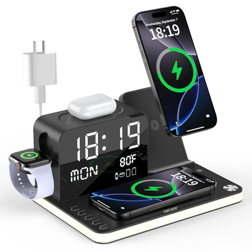 acer 7-in-1 Wireless Charging Station: Charger Stand for Multiple Devices for Apple - iPhone 16 15 14 13 12 Pro Max Apple Watch Airpods, Wireless Charger iPhone Charging Station with Bluetooth TimeSyn
