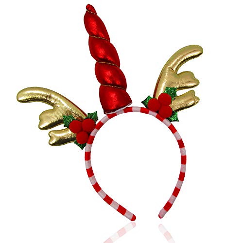 Unisex Christmas Holiday Winter Red, Gold and Green Festive Unicorn Reindeer Headband for All Ages