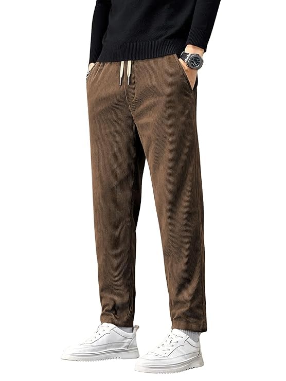 Image of BLUECORP ENTERPRISE Men's White Corduroy Casual Pants, Straight Leg, Drawstring Waist, Pockets