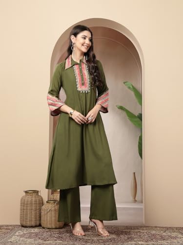 Image of Stylum Women's Solid & Embroidered Rayon A-Line Kurta Pant Set