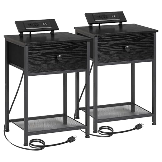 AMHANCIBLE Black Nightstands Set of 2, Small End Tables Living Room with Charging Station, Night Stands with USB Ports & Outlets, Slim Side Table with Drawers for Bedroom HET03SDPBK(Black)