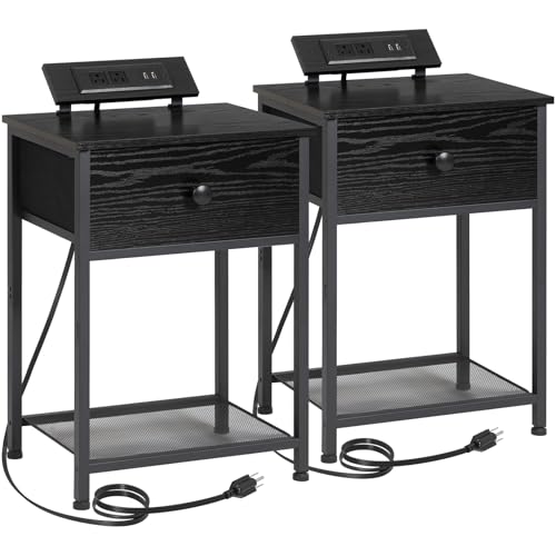 AMHANCIBLE Night Stand, Black Nightstand Set of 2, Small End Tables Living Room with Charging Station, Slim Bed Side Table with Fabric Storage Drawer for Bedroom, Small Space, HET03SDPBK