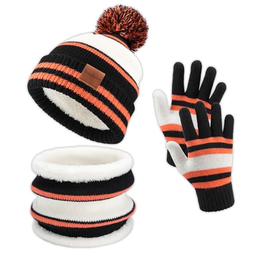 Image of Kids Winter Hat Gloves Scarf Set: Girls Boys Beanie Fleece Lined Ages 6-10 | Kids Beanie Hats Gloves Neck Warmer Knit Set, with Thick Warm Fleece Lining, for Child Gift, Cold Weather Ski, Snow