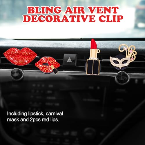 Image of Rislobx 4PCS Bling Car Air Freshener Vent Clip, Crystal Diamond Lips Lipstick Carnival Mask Car Diffuser Vent Clip Cute Car Bling Accessories Decoration for women (Red)