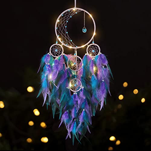KHOYIME LED Light Up Dream Catcher Half Circle Moon Decor with Lights Handmade Feather Dreamcatchers for Bedroom Bohemian Home Decor Wedding Ornament Craft Gift (Purple&Blue)