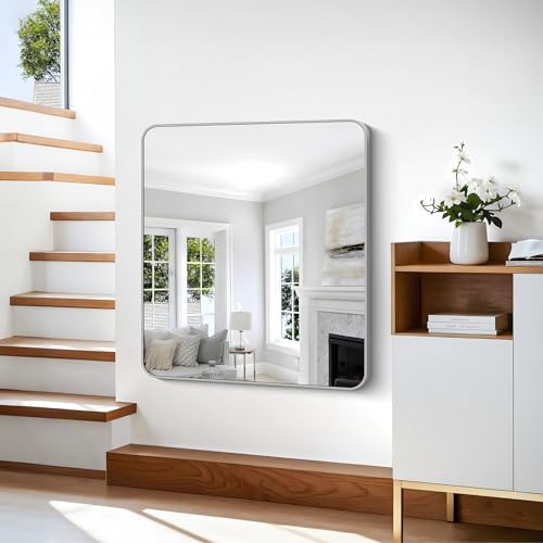 Image of 36x40 Inch Silver Bathroom Mirror, Metal Framed Silver Rectangle Mirrors, Rounded Rectangular Vanity Mirror, Wall Mounted Mirrors for Living Room Bedroom Entryway Hangs Horizontal or Vertical