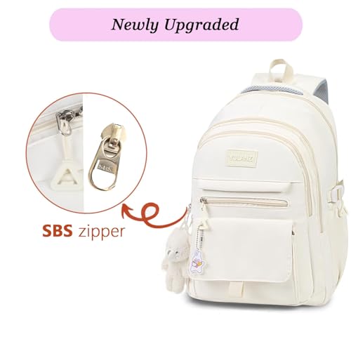 Image of PRLINJSK Girls Backpack for College High Middle School Student, Cute Aesthetic Bookbag for Teens Women with Accessories,Beige
