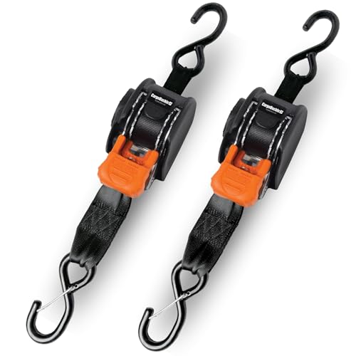 CargoBuckle Mini G3 Retractable Ratchet Straps with Dual S-Hooks 1400 lbs Break Strength 1-Inch Width X 6 ft Reach Auto Ratchet Straps for Trailers Toy Haulers ATVs and Motorcycles - 2 Pack