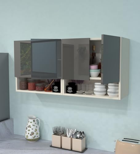 Image of SPECIALITY PANELS 4 Door Wall Cabinet with UV Profile Shutter | Wall Mounted Storage Cabinet for Kitchen Bathroom Living Room | Wooden Wall Cabinet Organizer Grey Finish DIY Assembly