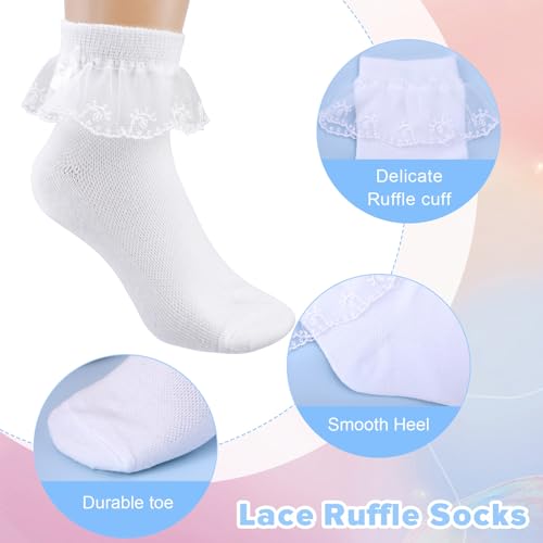 3 Pairs Girls Lace Socks, Cotton Bow White Ruffle Socks Toddler, Thin Short Lace Trim Frilly Dress Ankle Sock2