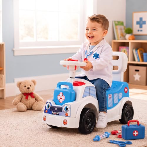 Image of Ambulance Ride On Toy for Kids 2-5 Years with LED Emergency Lights, Siren Sound, Front & Rear Storage, Foot to Floor Ride On Car with Comfortable Backrest, Kids Ride On Car for Boys & Girls
