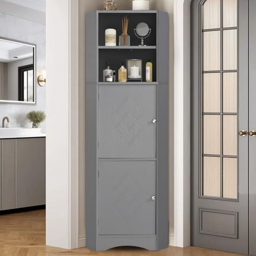 KOMHTOM Mobiletto bagno salvaspazio stretto con 2 ante e 2 ripiani aperti Mobiletto angolare bagno, credenza cucina alta Mobiletto multiuso con ripiani per soggiorno camera da letto bagno (grigio)