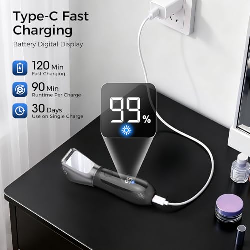 Image of Bikini Trimmer for Men, 2 in 1 Electric Razors Shaver, IPX7 Waterproof Body Hair Trimmer with Mirror, LED Light & Display, Painless Pubic Hair Removal, Silver