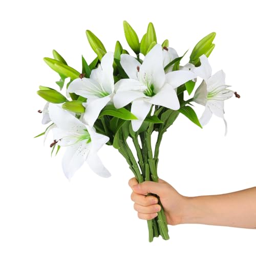 Tongman 6 Bundles Artificial Tiger Lily Flowers White Touch Lilies Flower Bouquet Faux Floral Table Centerpieces Arrangement For Wedding Home Party Garden Office Decor (White)