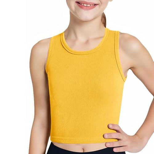 Girls Tank Tops Kids Athletic Ribbed Knit Sleeveless Crop Tops Basic Plain Camisole Dance Yoga Vest Ballet Hip Hop Athletic Blouse School PE Sweatshirt (Yellow, 11-12 Years)