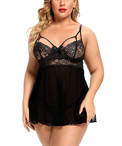 AdoreShe Plus Size Lingerie for Women Exposed Lace Trim Babydoll Chemise Nightie Sleepwear (XX-Large, All Black)