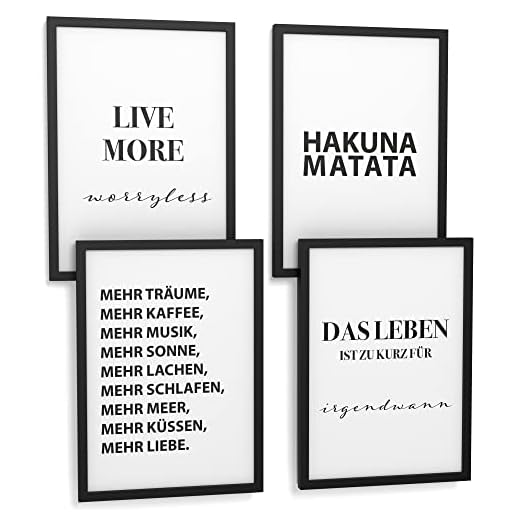 Papierschmiede® Premium Spruchposter Set 4er DIN A4 (21x30 cm) Motiv: Hakuna Matata, Keine Sorgen König der Löwen, Typografie Bilder Wohnzimmer Schlafzimmer ohne Rahmen