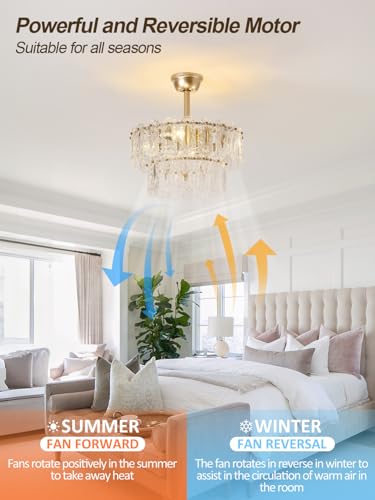 Image of Gold Crystal Fandelier Ceiling Fan with Light, 20 inch Caged Chandelier Ceiling Fan with Light Remote Control, Mid-Century Enclosed 6 Speeds for Bedroom, Nursery, Living Room, Foyer