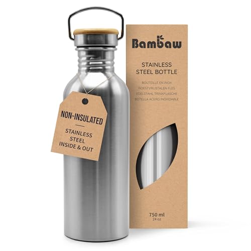 Image of Bambaw Stainless Steel Single Wall Water Bottle, 24 oz, 750 ml, Reusable, Leakproof, Dishwasher Safe, BPA Free, Ideal for Travelling, Hiking, Yoga