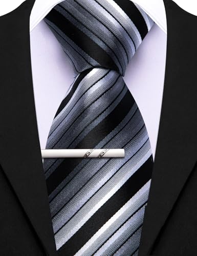 Image of Barry.Wang Silk Men Ties Formal Stripes Necktie and Tie Clip for Wedding Party Business Fashion Classic