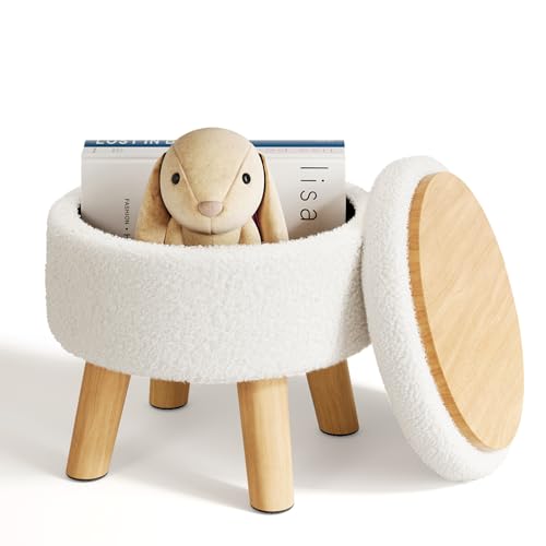 WBKATN Small Ottoman Footrest, White Boucle Foot Stool, Round Pouf Ottoman with Storage, Teddy Velvet Foot Rest for Couch, Living Room, Nursery, Small...